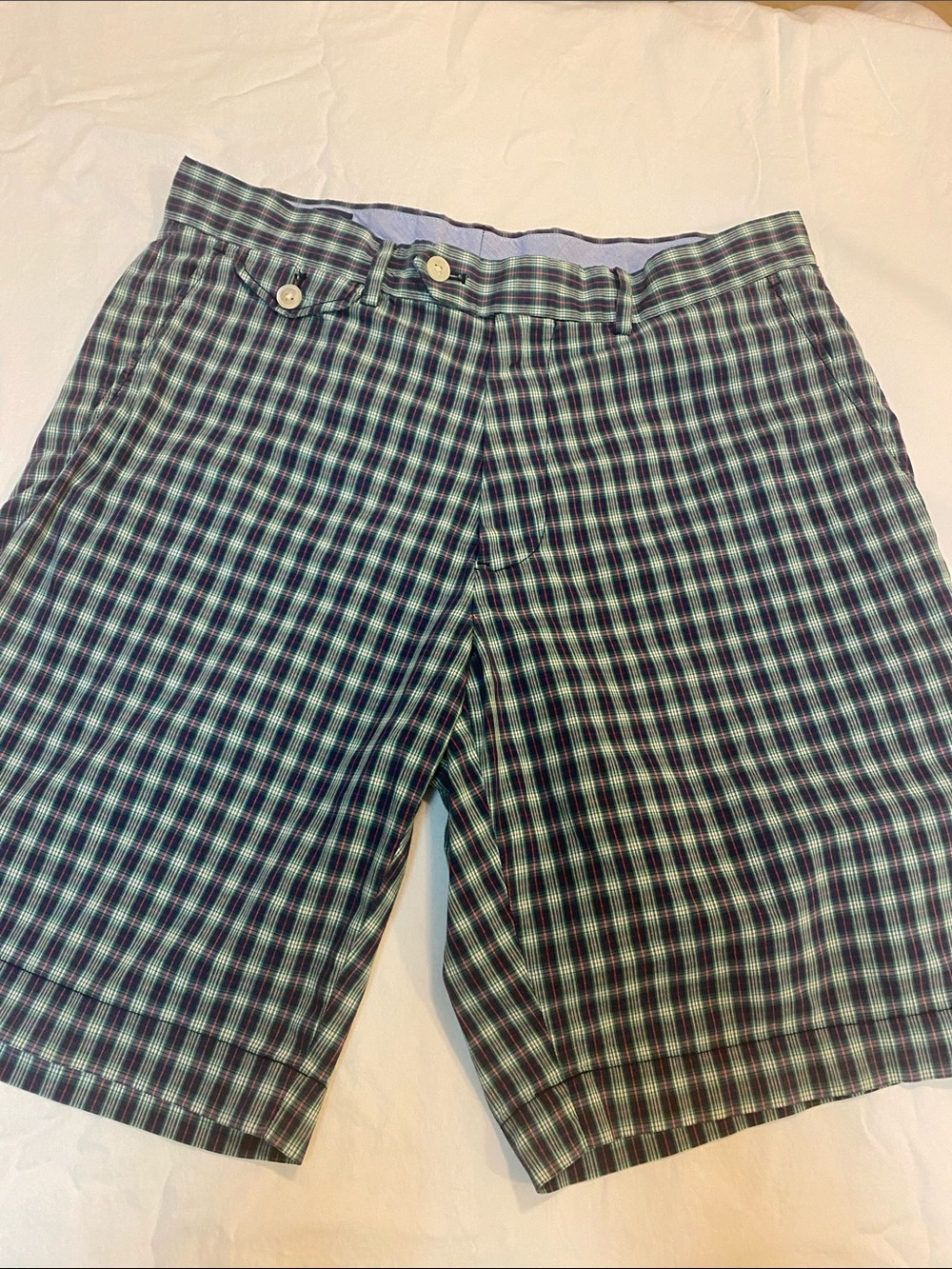 Men's Green & Blue Plaid Flat Front Shorts